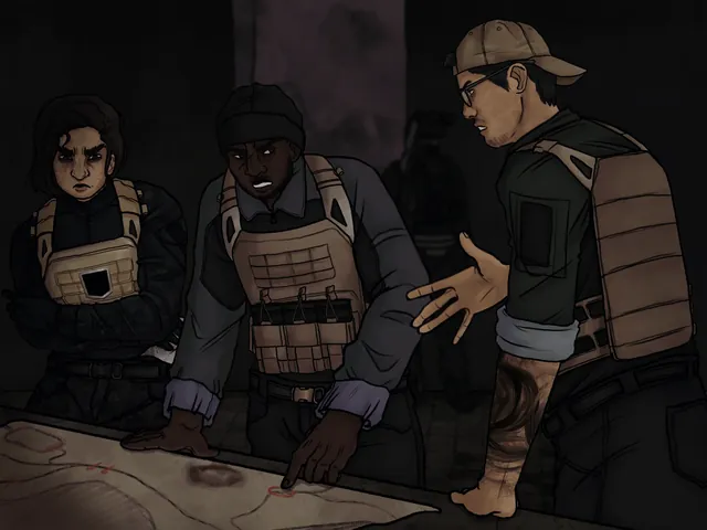 Fan art by Mono_Ryder: specialists gathered around a marked map in a dim briefing room