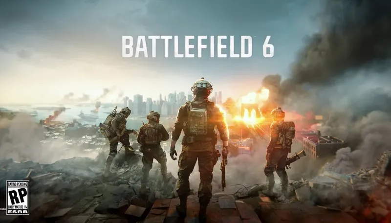Official Battlefield 6 art: Battlefield 6 key art: four soldiers watch New York burn