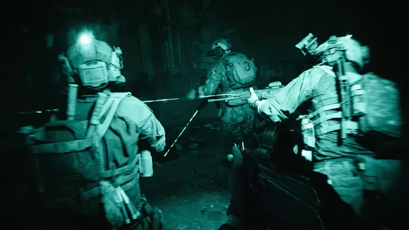Official Battlefield 6 art: Reveal still: a squad moves through the dark in night vision
