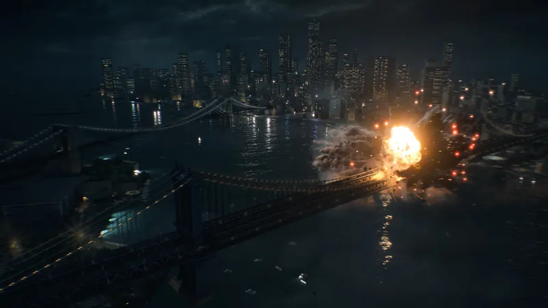Official Battlefield 6 art: Reveal still: an explosion lights up the New York waterfront at night
