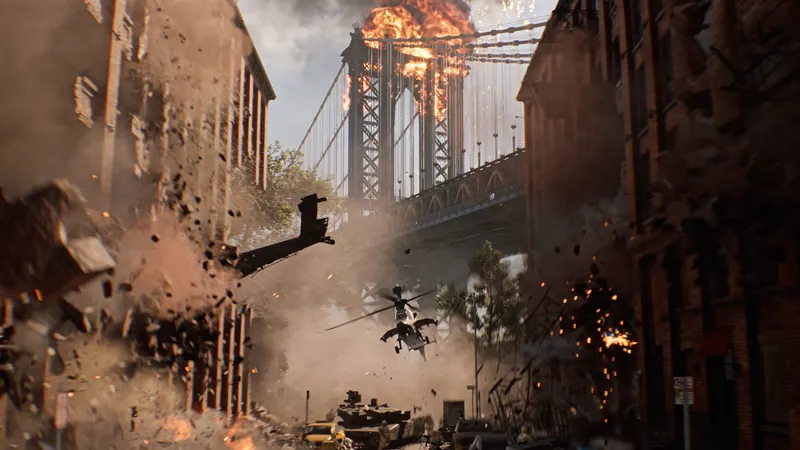 Official Battlefield 6 art: Reveal still: attack helicopters over a burning bridge in New York