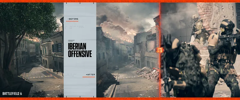 Official Battlefield 6 art: Iberian Offensive, before and after destruction