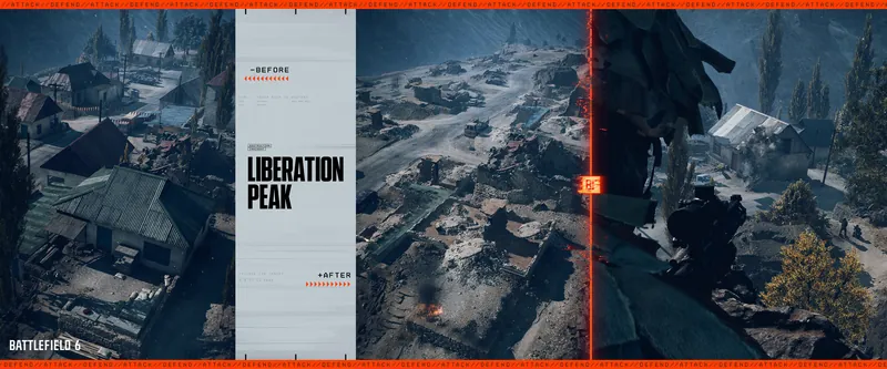Official Battlefield 6 art: Liberation Peak, before and after destruction