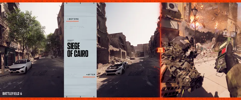 Official Battlefield 6 art: Siege of Cairo, before and after destruction