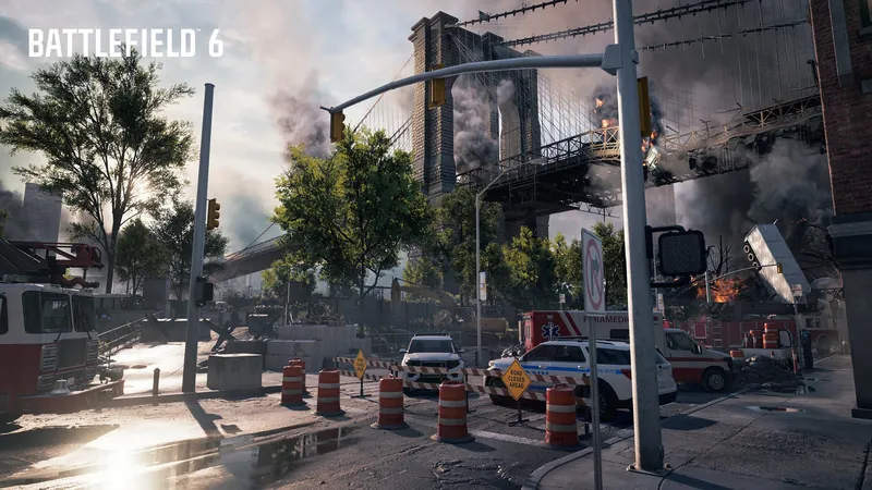 Official Battlefield 6 art: Empire State: a Brooklyn street under the broken bridge