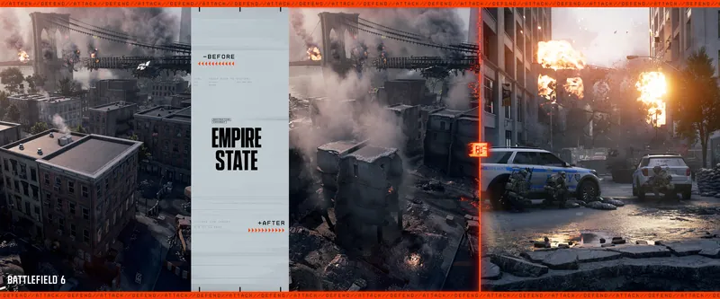 Official Battlefield 6 art: Operation Empire State, before and after destruction