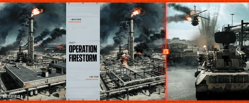 Official Battlefield 6 art: Operation Firestorm, before and after destruction