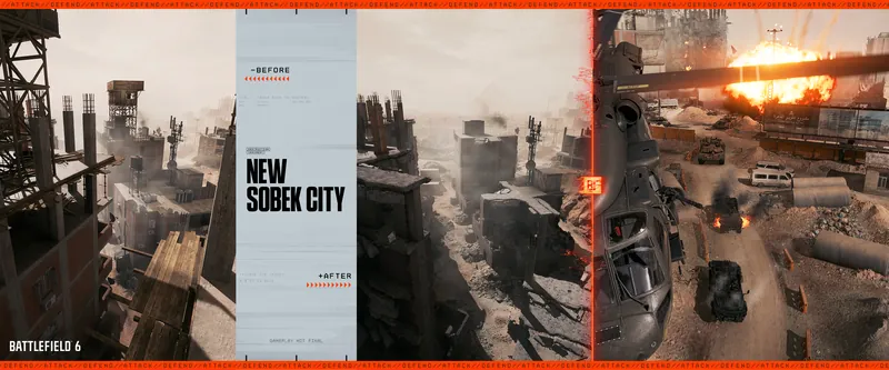 Official Battlefield 6 art: New Sobek City, before and after destruction