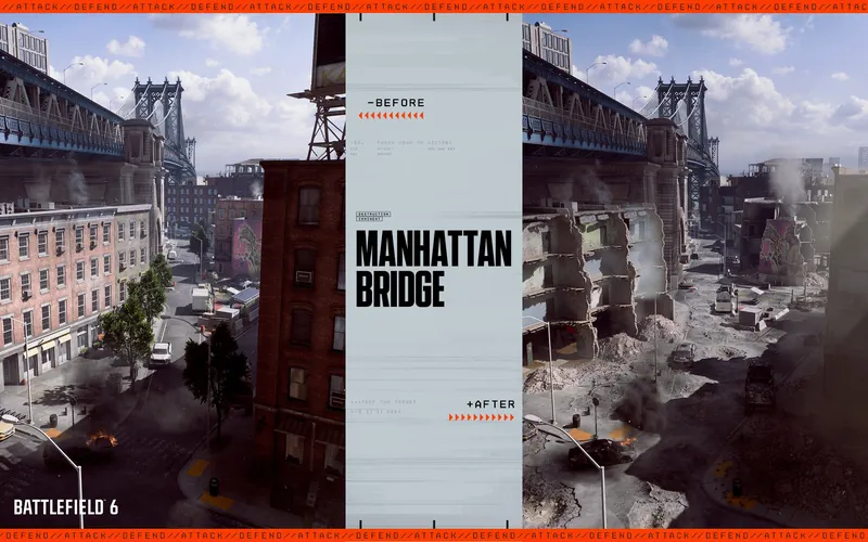 Official Battlefield 6 art: Manhattan Bridge, before and after destruction