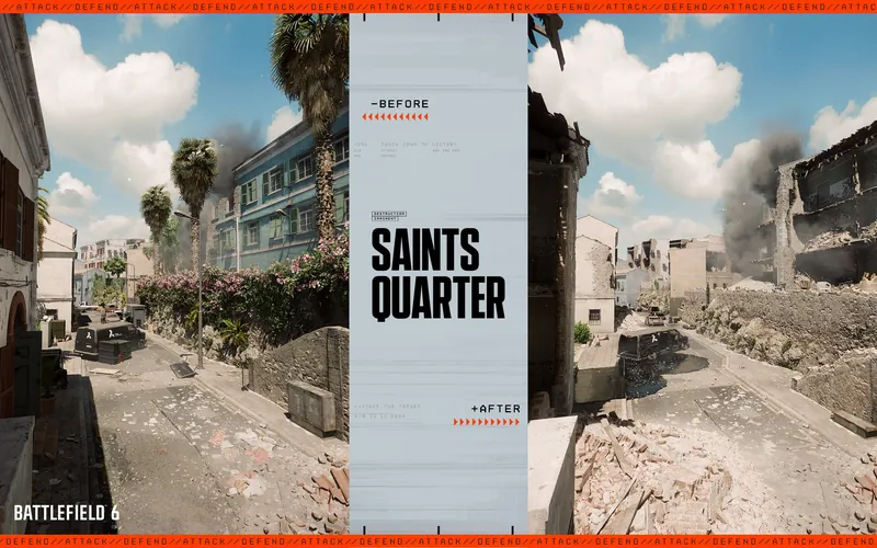 Official Battlefield 6 art: Saints Quarter, before and after destruction