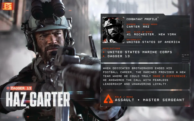 Official Battlefield 6 art: Dagger 13 profile: Haz Carter