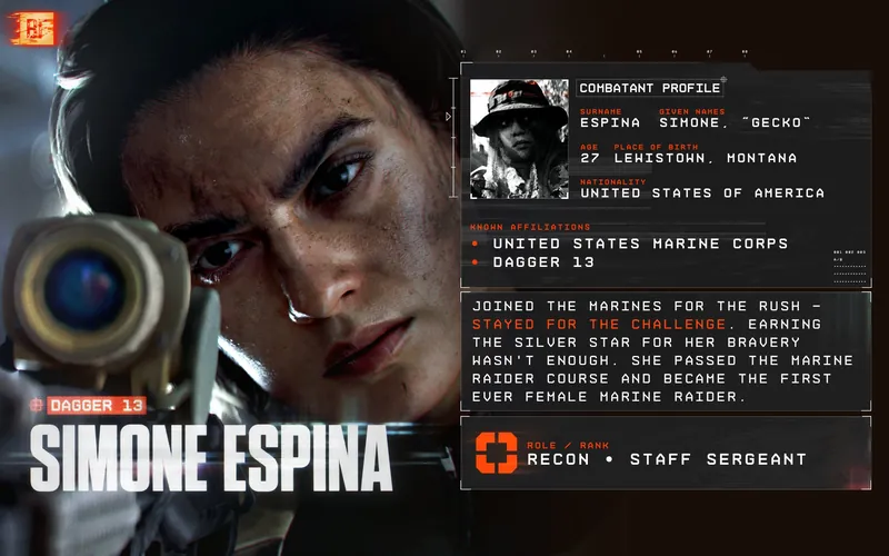 Official Battlefield 6 art: Dagger 13 profile: Simone "Gecko" Espina