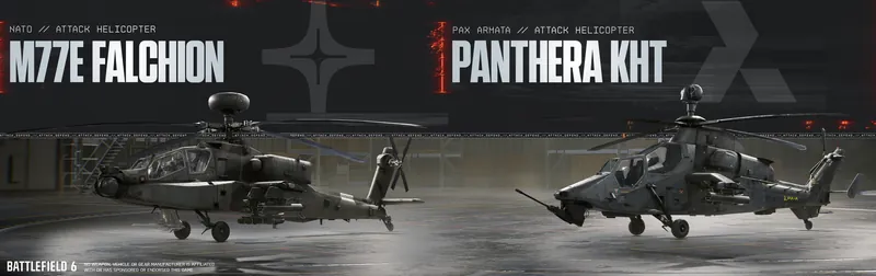 Official Battlefield 6 art: M77E Falchion and Panthera KHT attack helicopters