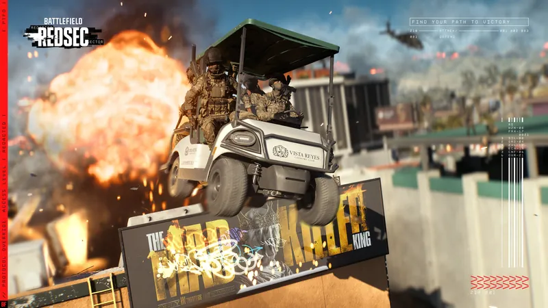 Official Battlefield 6 art: REDSEC: a golf cart launches off a billboard