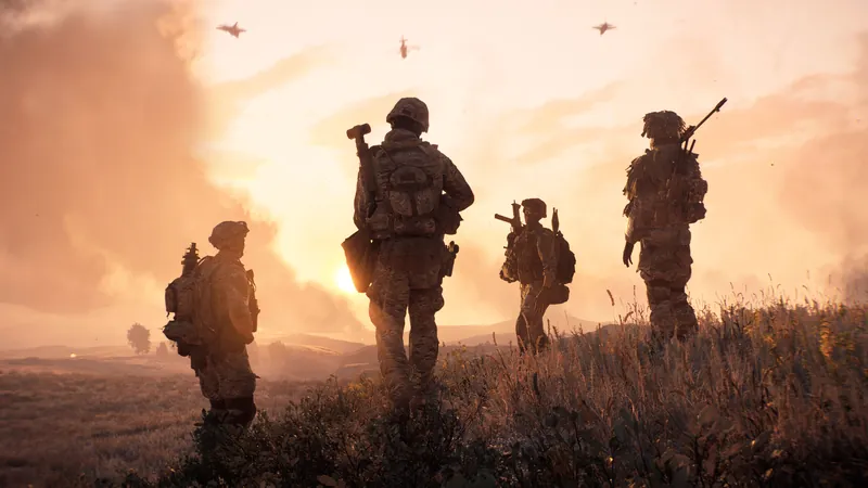 Official Battlefield 6 art: Four soldiers walk through a field at sunset