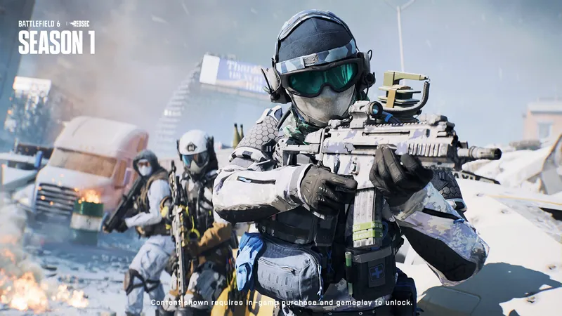 Official Battlefield 6 art: Winter Offensive: a squad in cold weather gear
