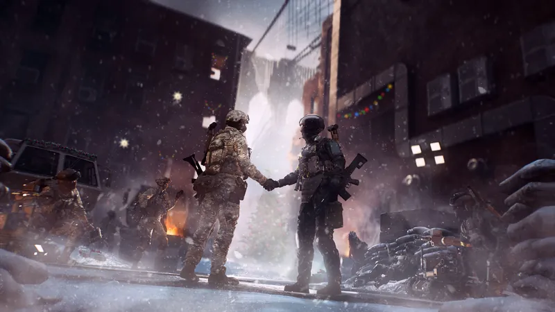 Official Battlefield 6 art: Two squad leaders share a holiday truce in the snow