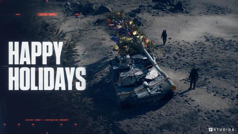 Official Battlefield 6 art: Happy Holidays: a tank tows a Christmas tree