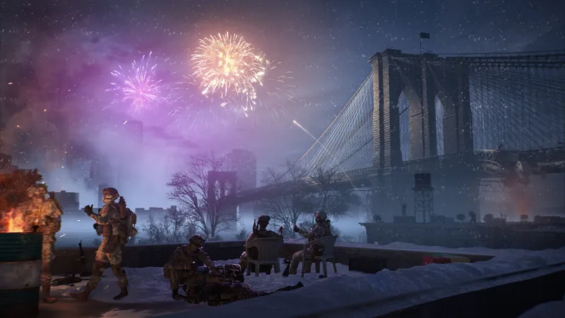Official Battlefield 6 art: New Year fireworks over a snowy New York