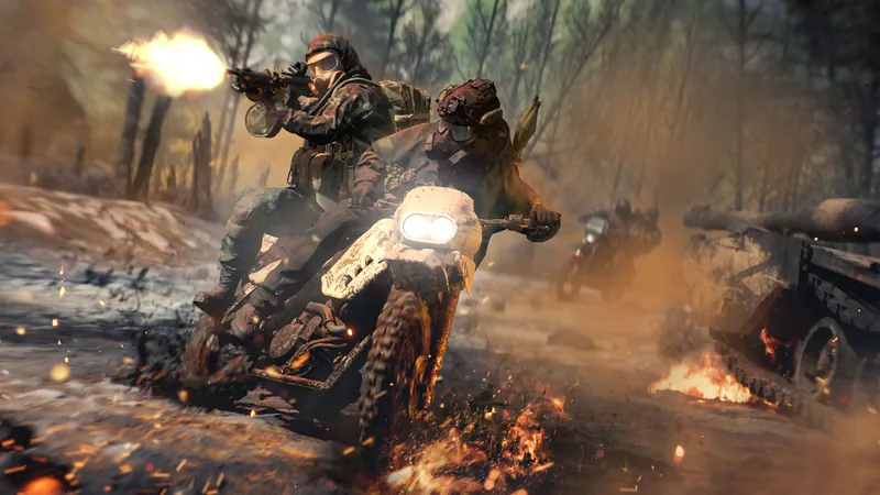 Official Battlefield 6 art: Two soldiers on a Dirt Bike on Contaminated