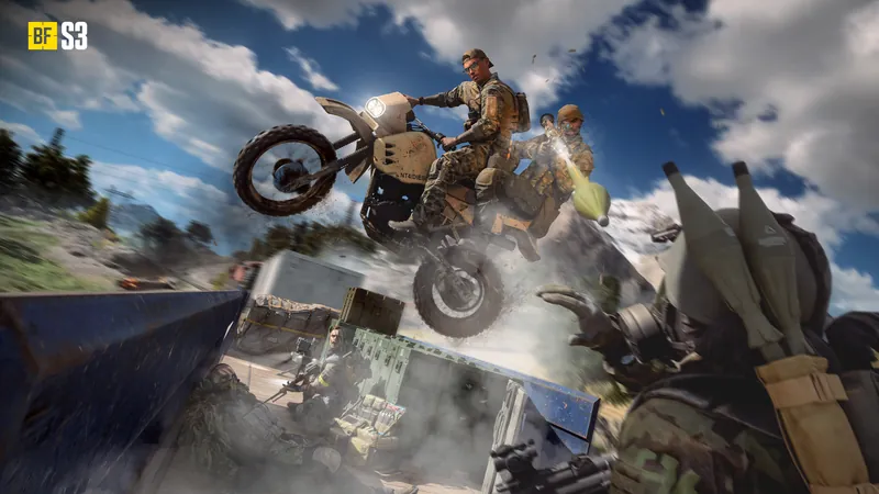 Official Battlefield 6 art: A dirt bike jumps a moving train