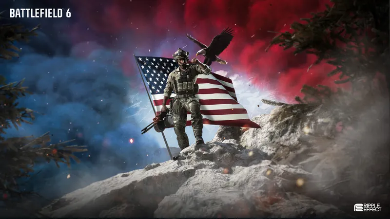 Official Battlefield 6 art: Independence Day art: a soldier with a minigun and an eagle