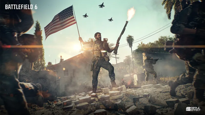Official Battlefield 6 art: Independence Day art: a soldier with the flag as jets fly over