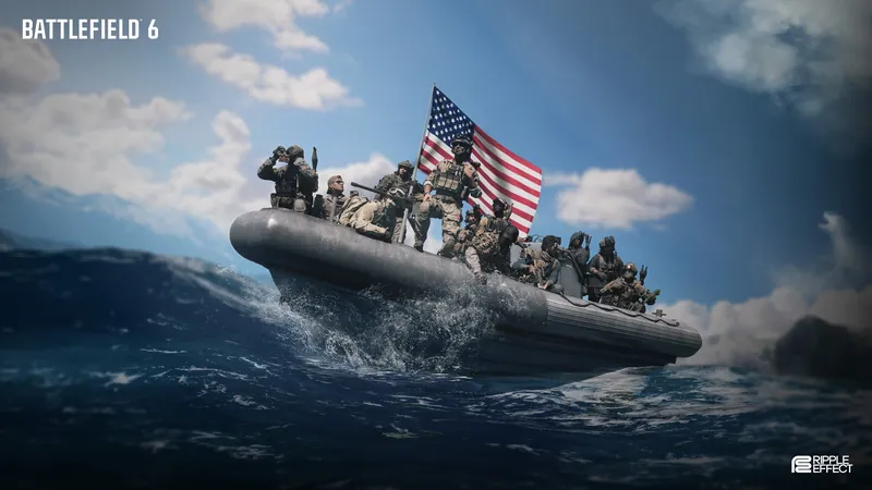 Official Battlefield 6 art: Independence Day art: a squad crosses the water on a boat