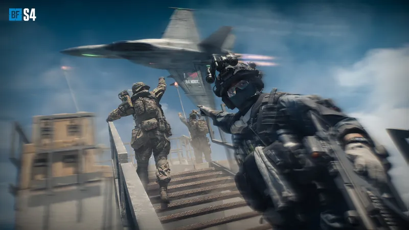 Official Battlefield 6 art: A jet flies low over a squad