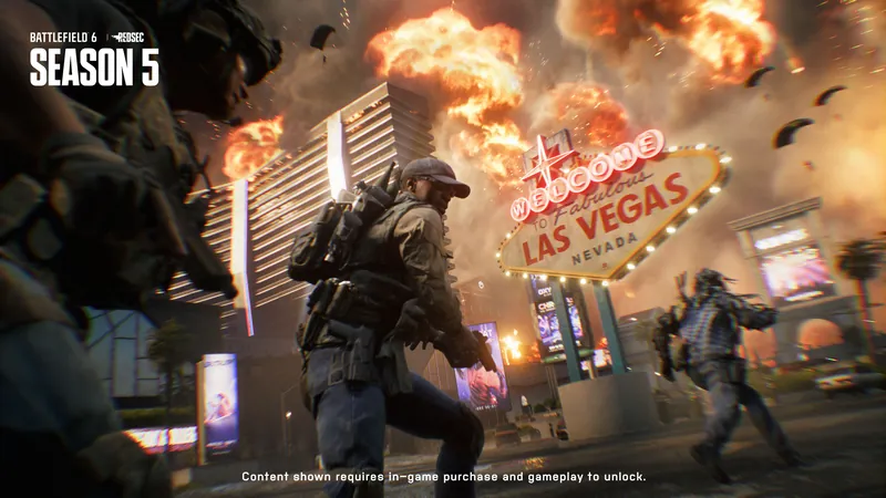 Official Battlefield 6 art: Season 5 art: the Las Vegas Strip under fire